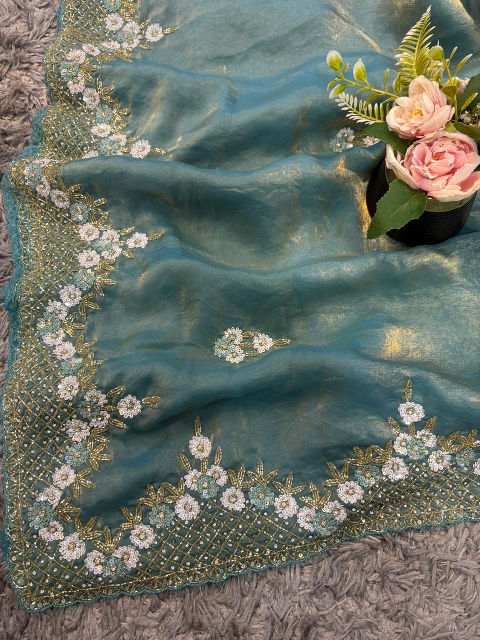 Exclusive Velvet Satin Saree with Hand-worked Triangle Motif