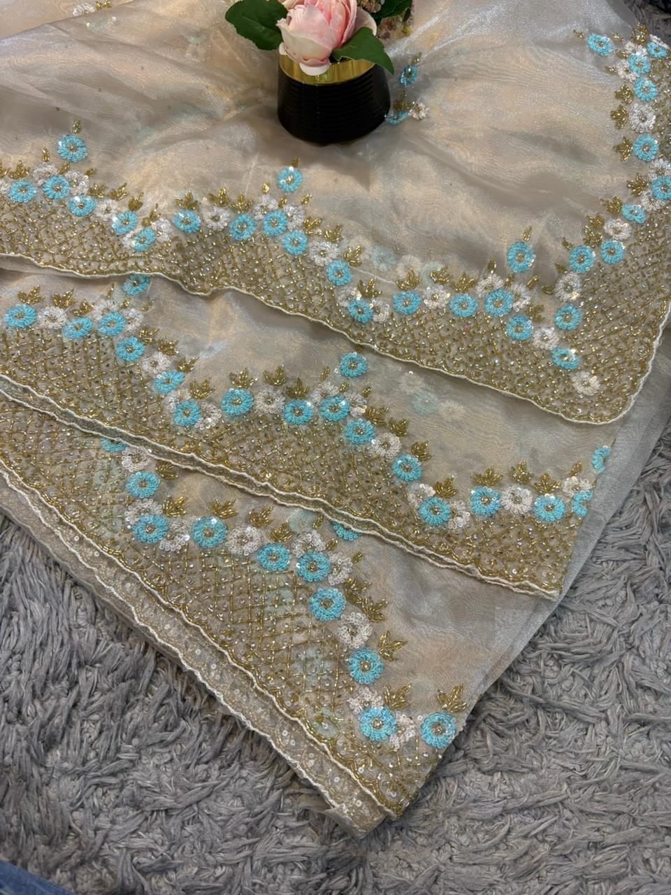 Handworked Tissue organza saree in triangle motif