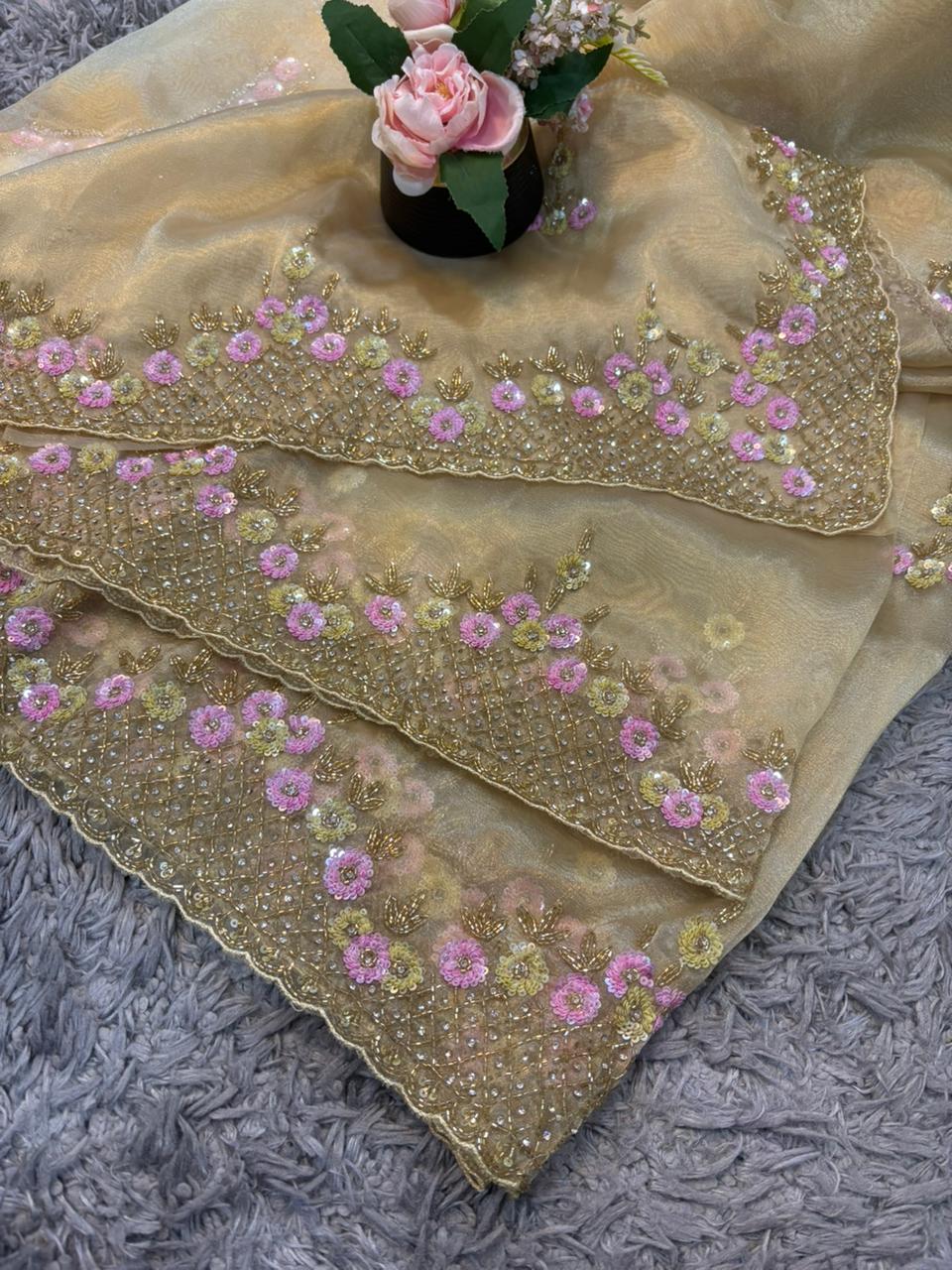 Handworked Tissue organza saree in triangle motif