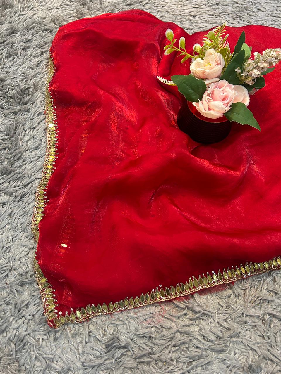 Kajal Velvet Satin Saree with Real Mirror, Cutdana & Zircon Stone Work