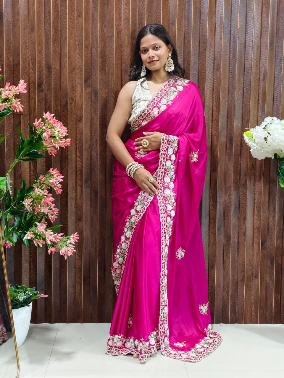 Sundori Premium Satin Saree with exclusive handwork