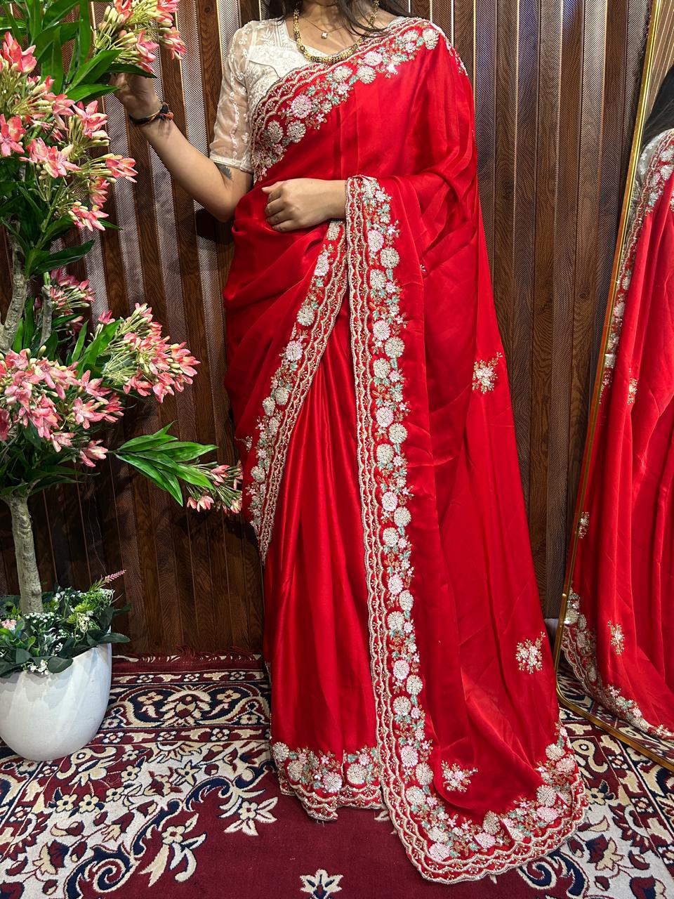 Sundori Premium Satin Saree with exclusive handwork