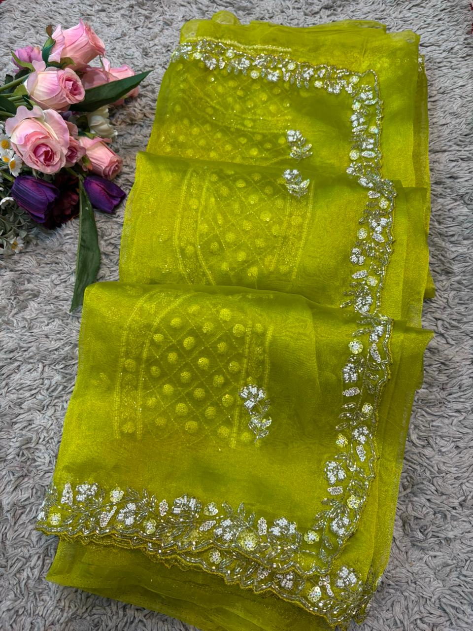 Nilam Exclusive Handworked Tissue Organza Saree with readymade blouse