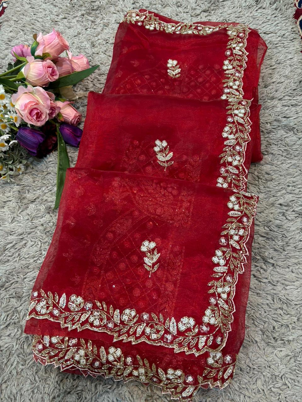 Nilam Exclusive Handworked Tissue Organza Saree with readymade blouse
