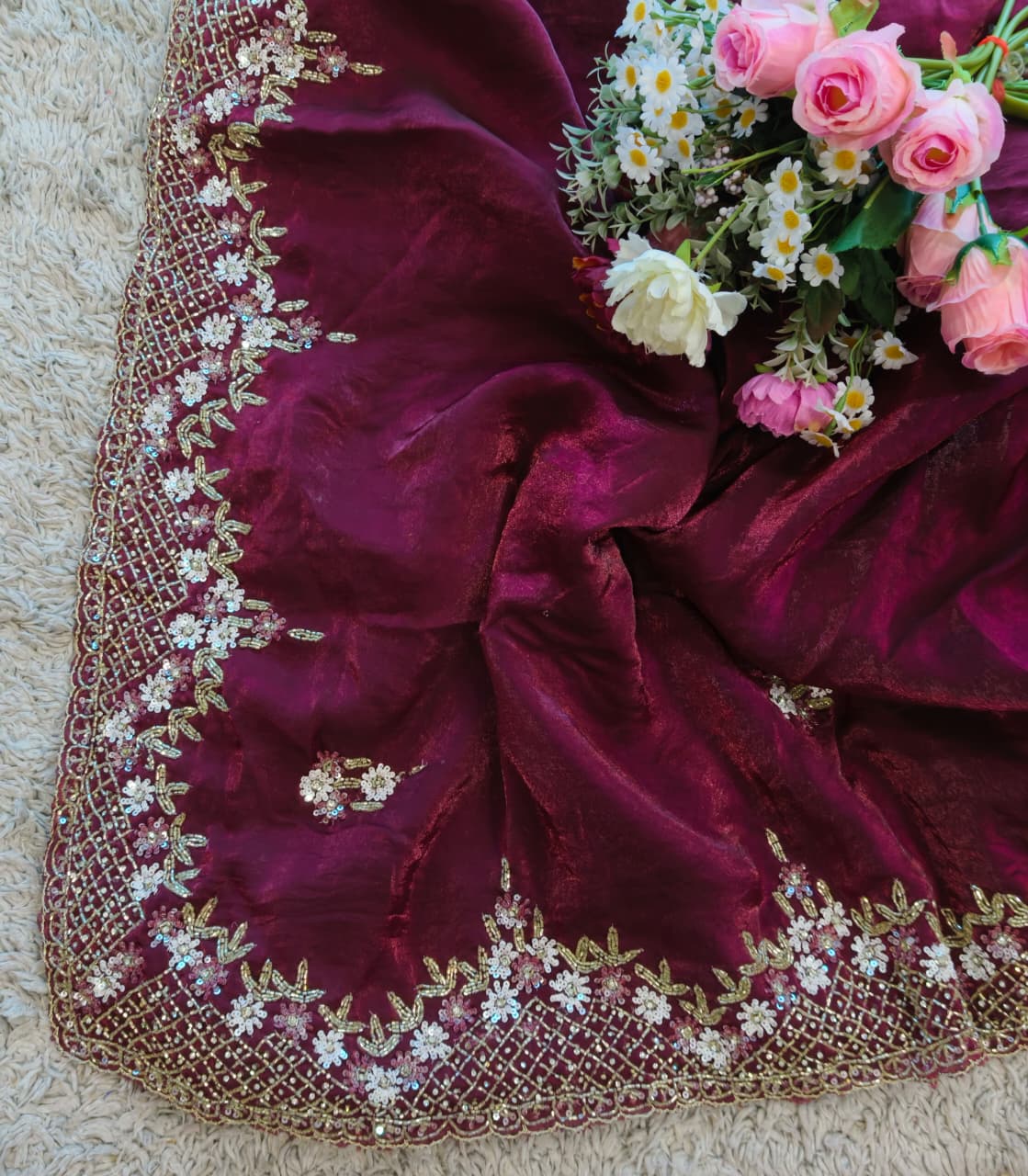 Exclusive Fendy Satin Saree with Hand-worked Triangle Motif