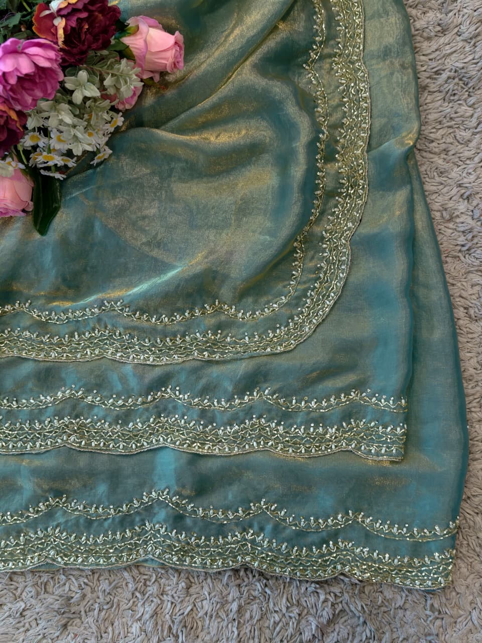Rosy Handworked Fendy Satin Saree