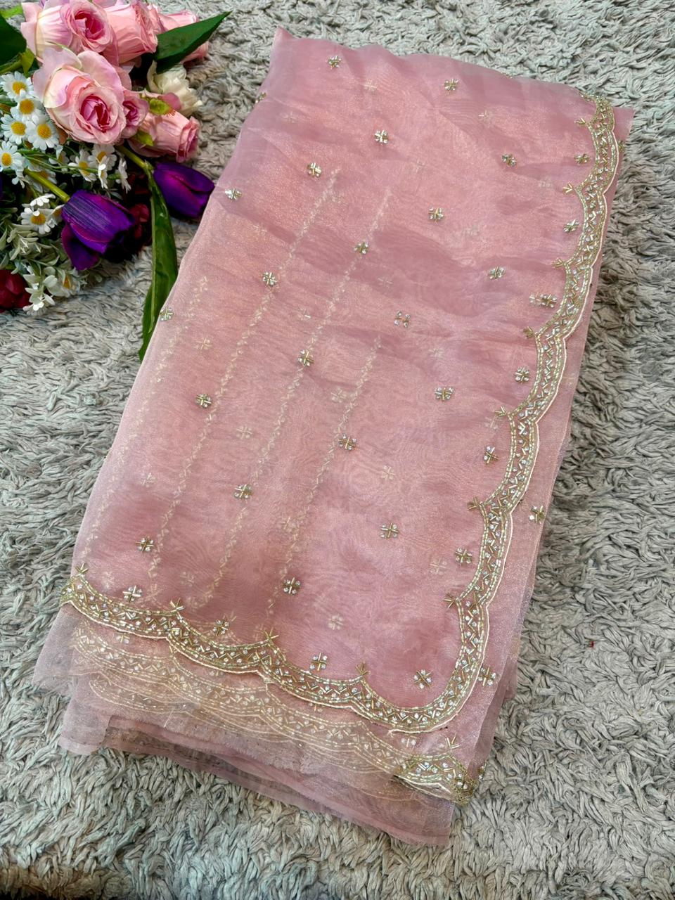Handworked Tissue Organza sarees with allover Floral Butta