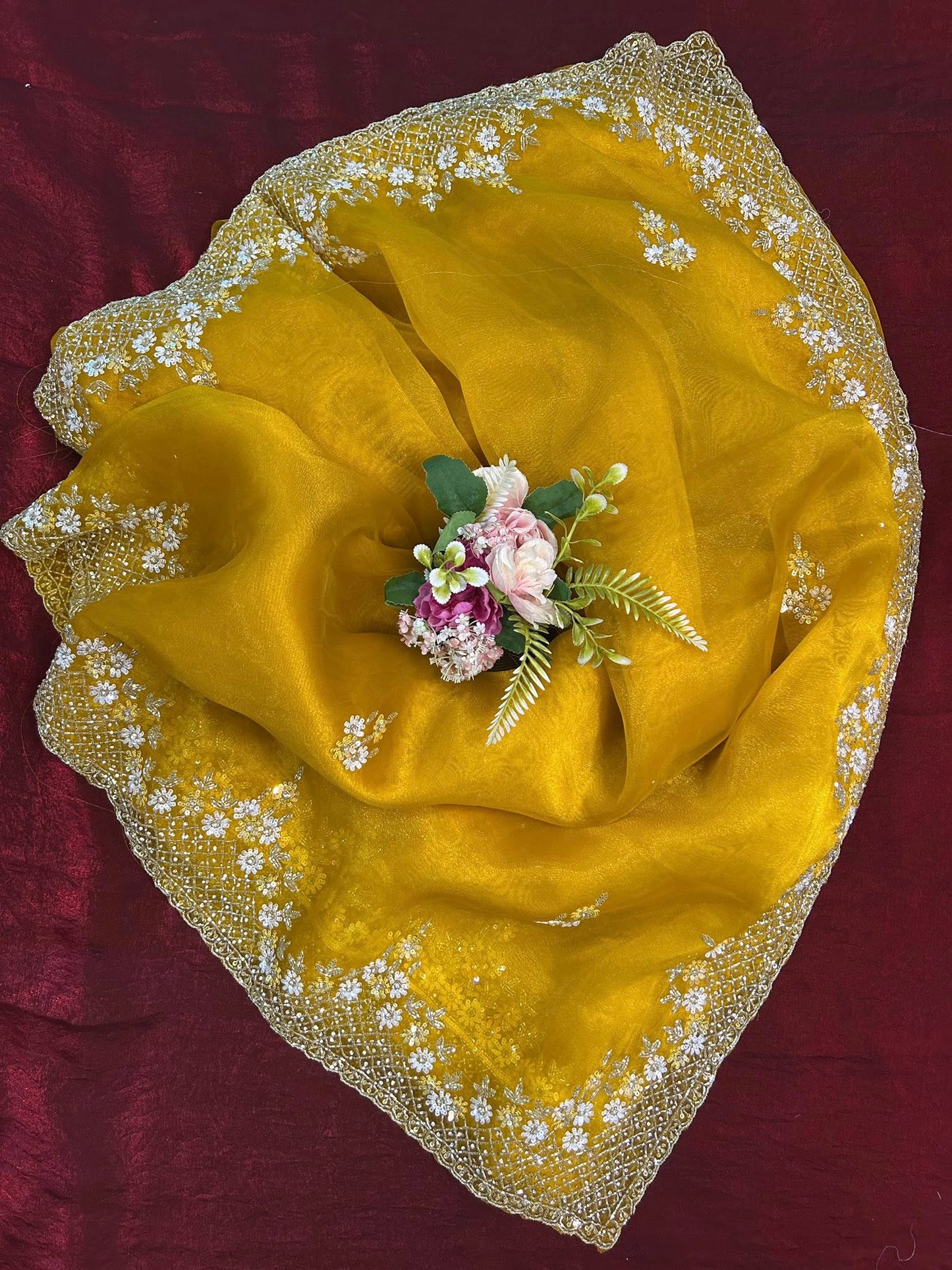 Handworked Tissue organza saree in triangle motif