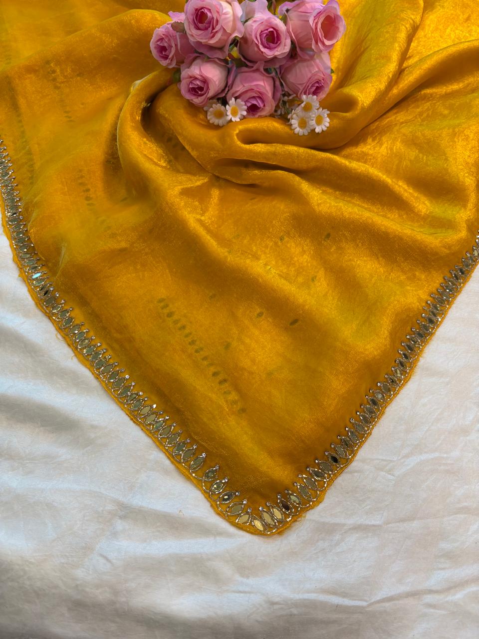 Kajal Fendy Satin Saree with Real Mirror, Cutdana & Zircon Stone Work