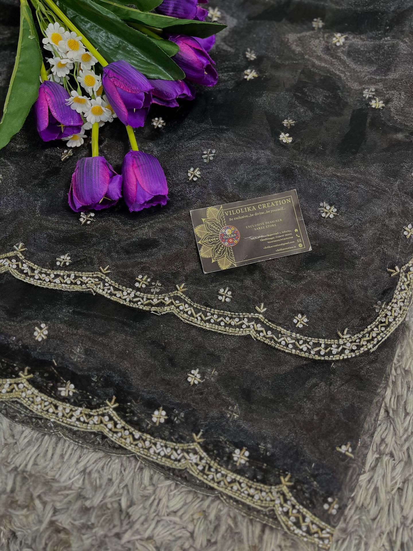 Handworked Tissue Organza sarees with allover Floral Butta