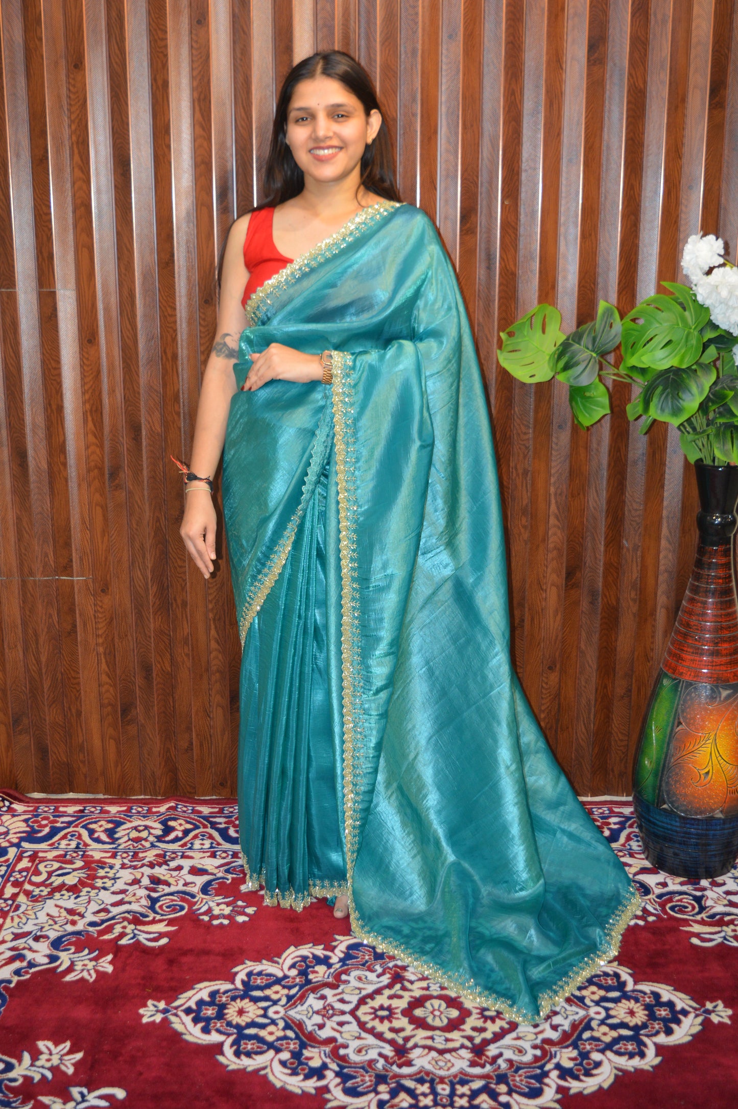 Handworked Simple Crush tissue saree with heavy blouse