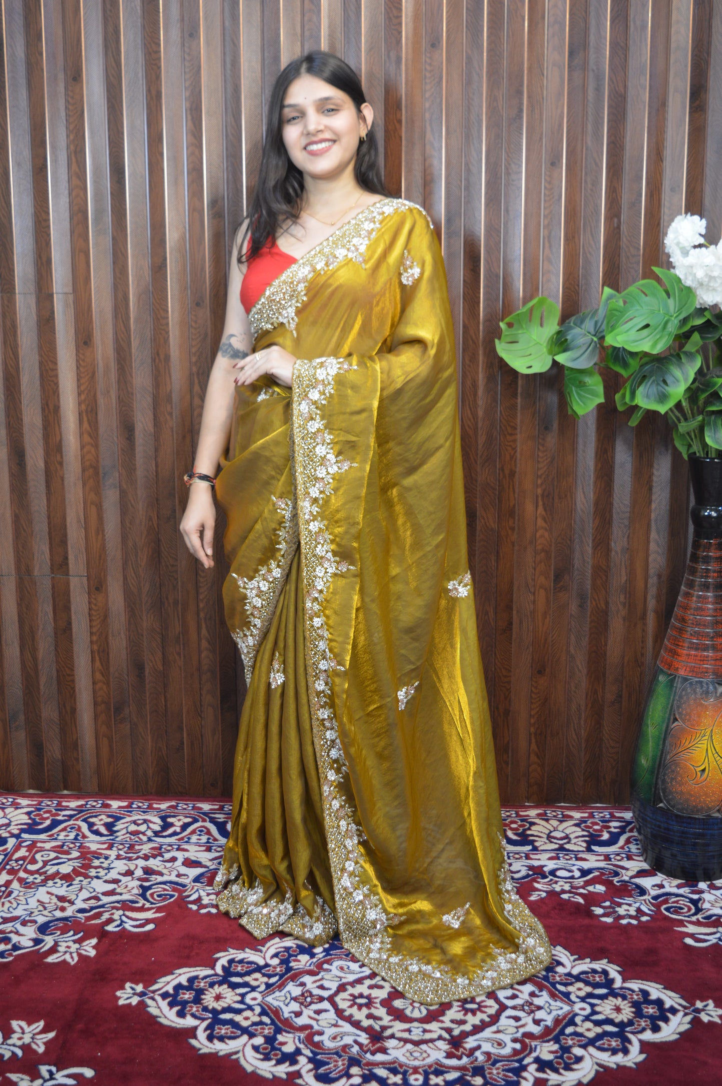 Exclusive Velvet Satin Saree with Hand-worked Triangle Motif