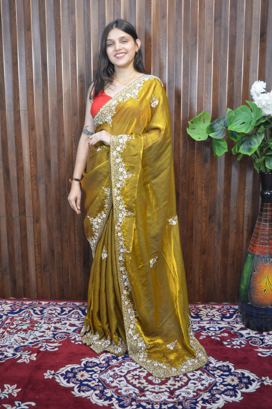 Exclusive Velvet Satin Saree with Hand-worked Triangle Motif