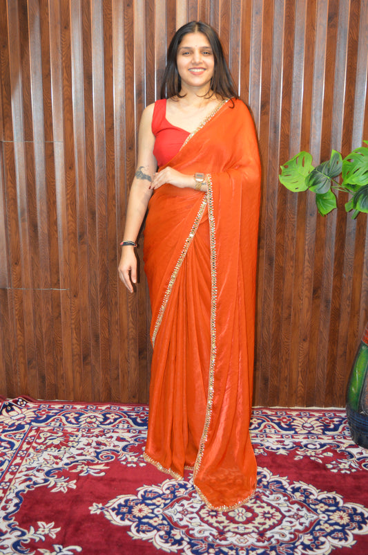 Kajal Velvet Satin Saree with Real Mirror, Cutdana & Zircon Stone Work