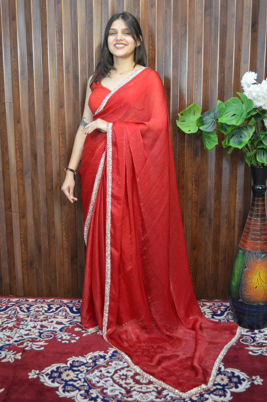 Meera Velvet Satin Saree with Handcrafted Cutdana & Zardosi Embroidery