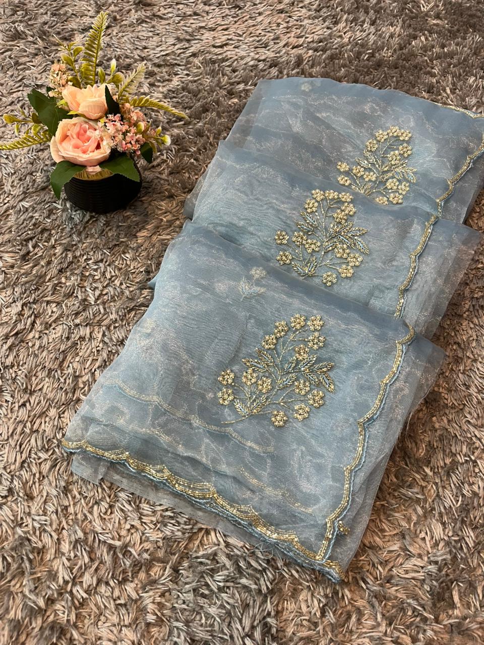 Star tissue organza sarees in big flower motif