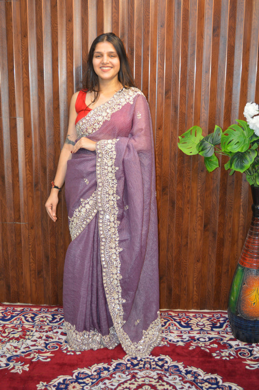 Exclusive handworked pure crush tissue saree