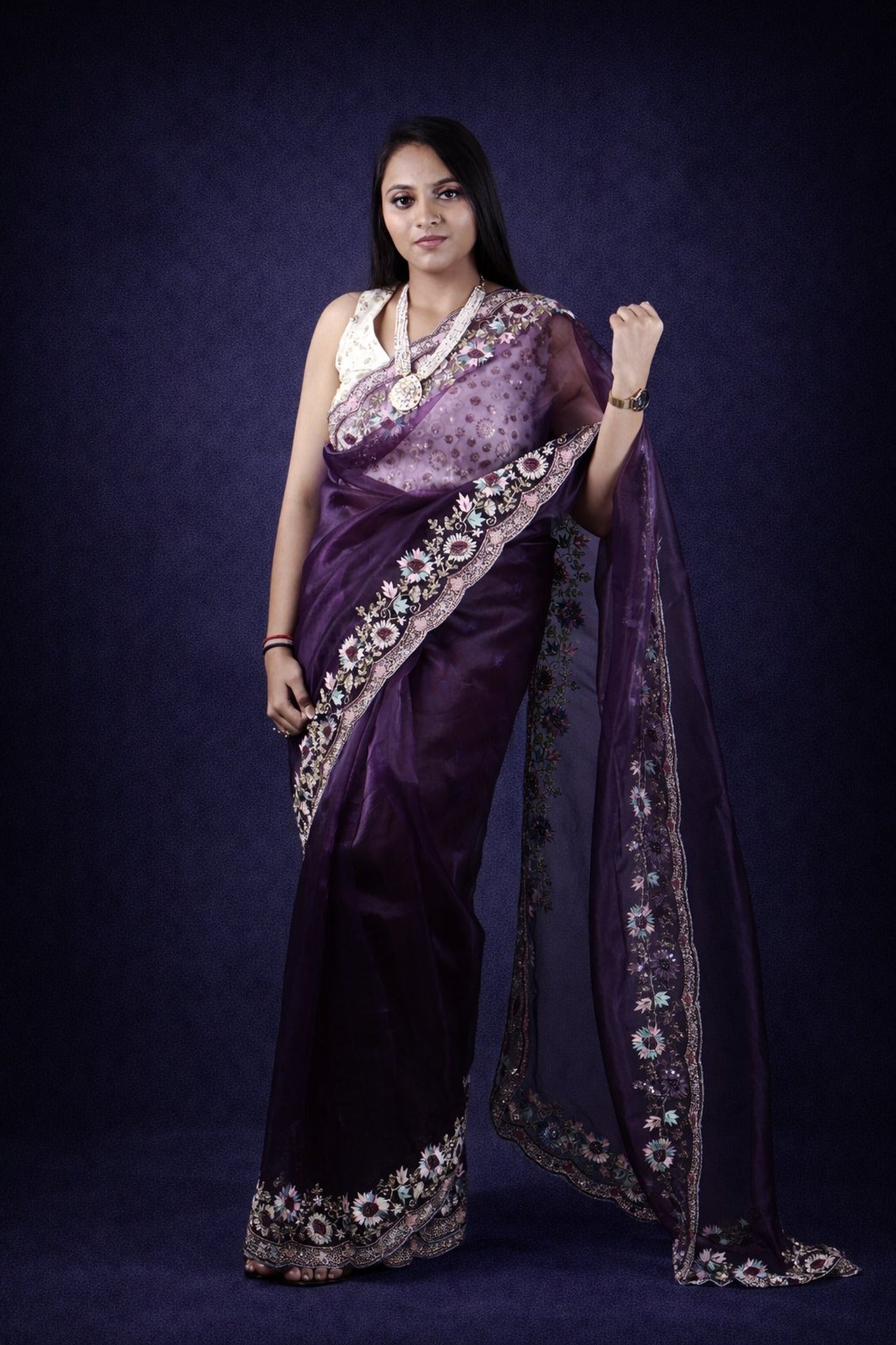 Exclusive sunflower tissue organza saree in handwork