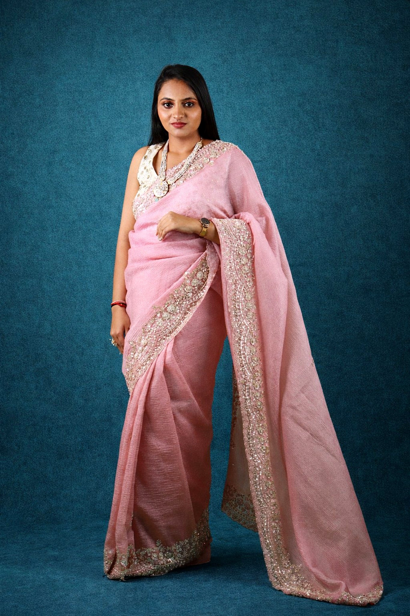 Exclusive handworked pure crush tissue saree