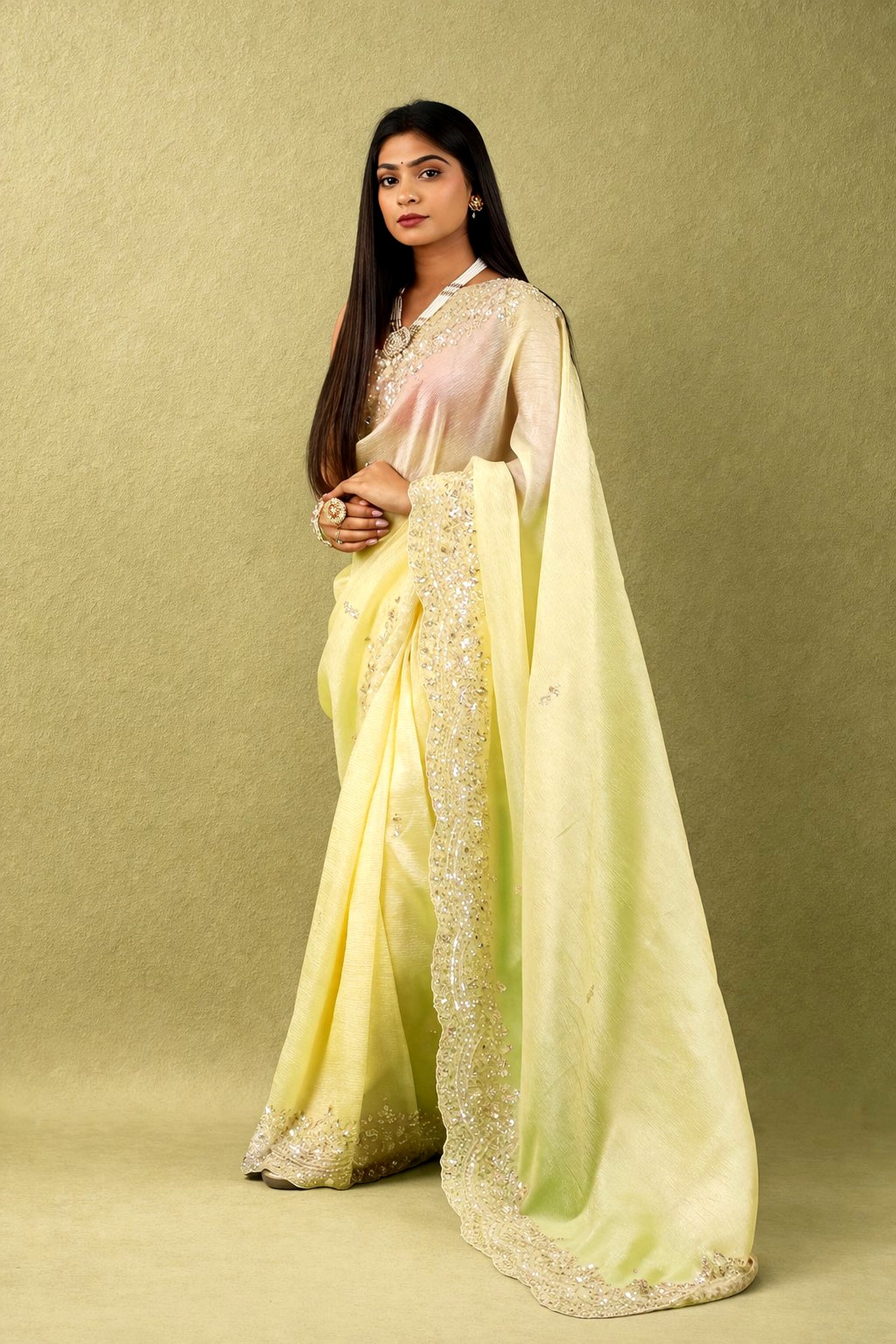 Exclusive handworked pure crush tissue saree