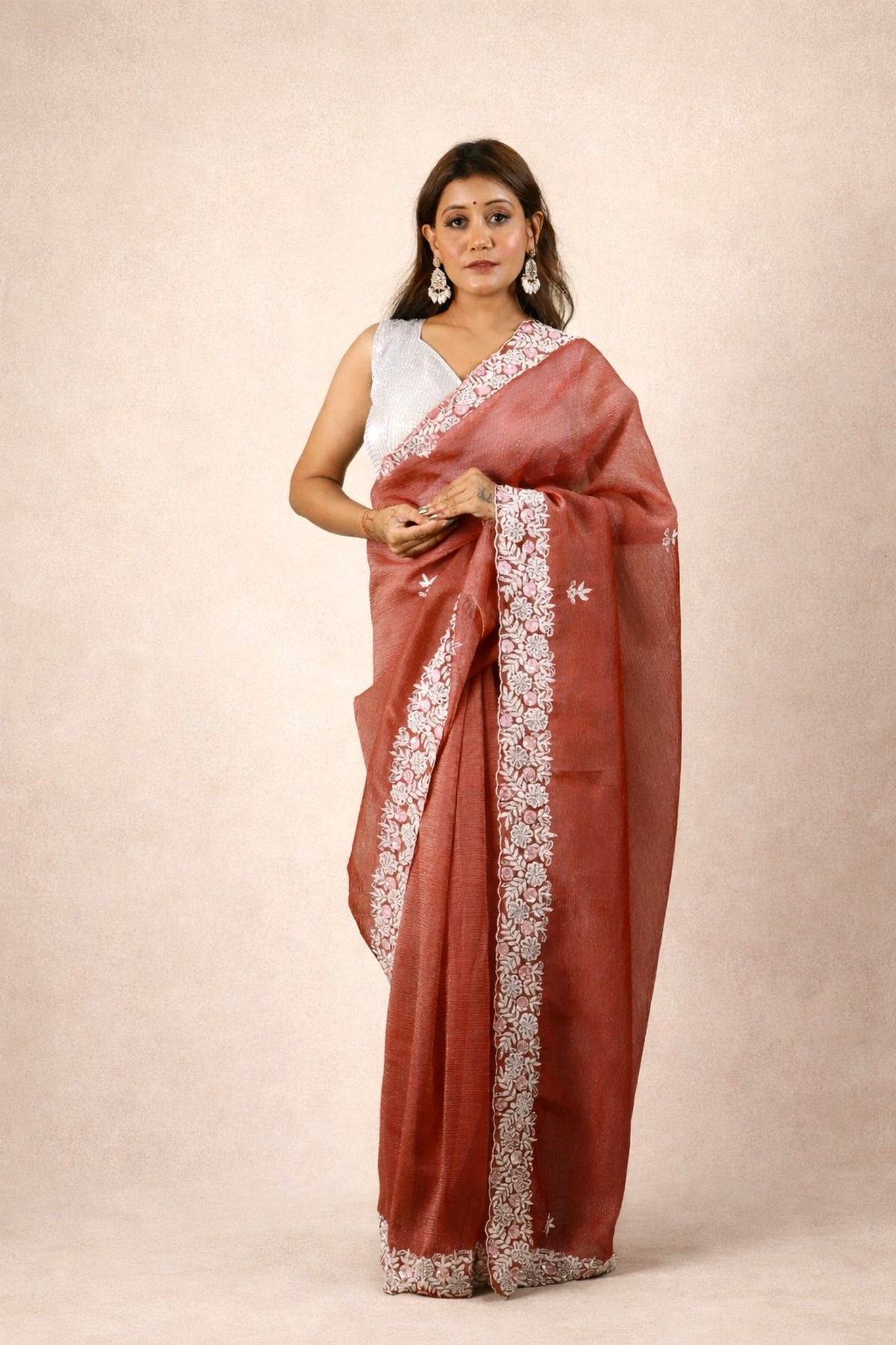 Shrishti Handworked Pure Crush Tissue sarees with pearl border