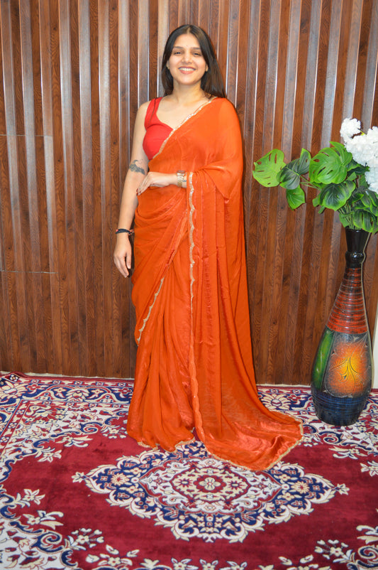 Star Velvet Satin Saree : With Handcrafted Golden Border-cutdana Work