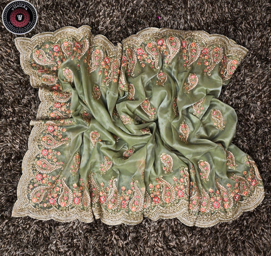 Exclusive Designer Organza sarees with allover jari and thread work and crafted with stones