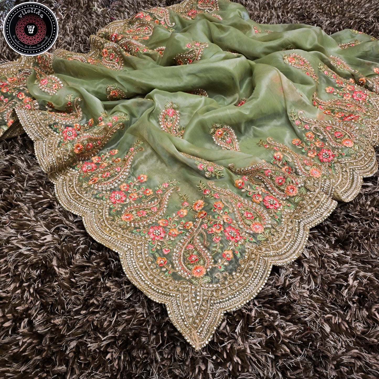 Exclusive Designer Organza sarees with allover jari and thread work and crafted with stones